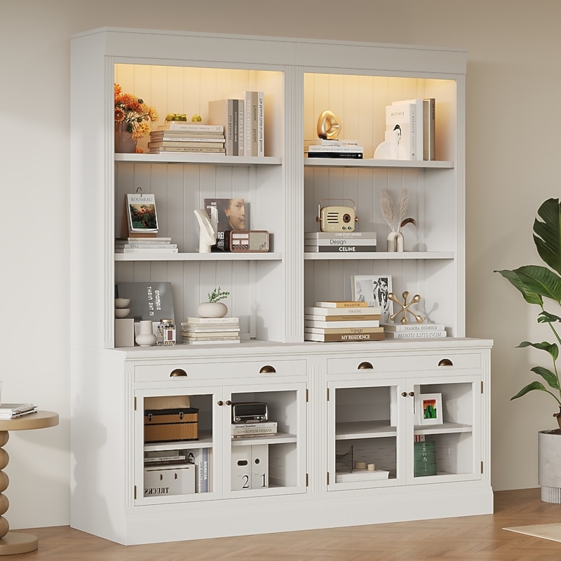 Bookcase Suite LED Lighting Glass Doors Extra Tall White Modern