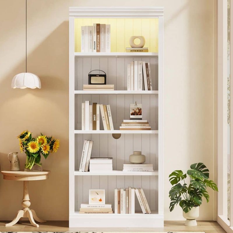 Bookcase Tall Silhouette Crown Molding Fluted Details White Classic
