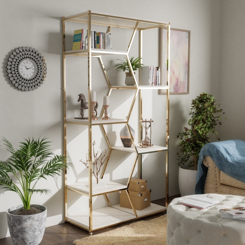 Bookcase Tall Slim Silhouette Glass Shelves Metallic Tiered Storage