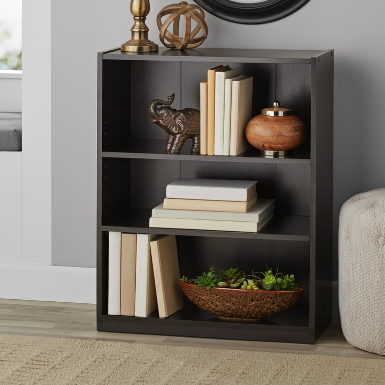 Bookcase Three Tier Storage Adjustable Shelves Solid Back