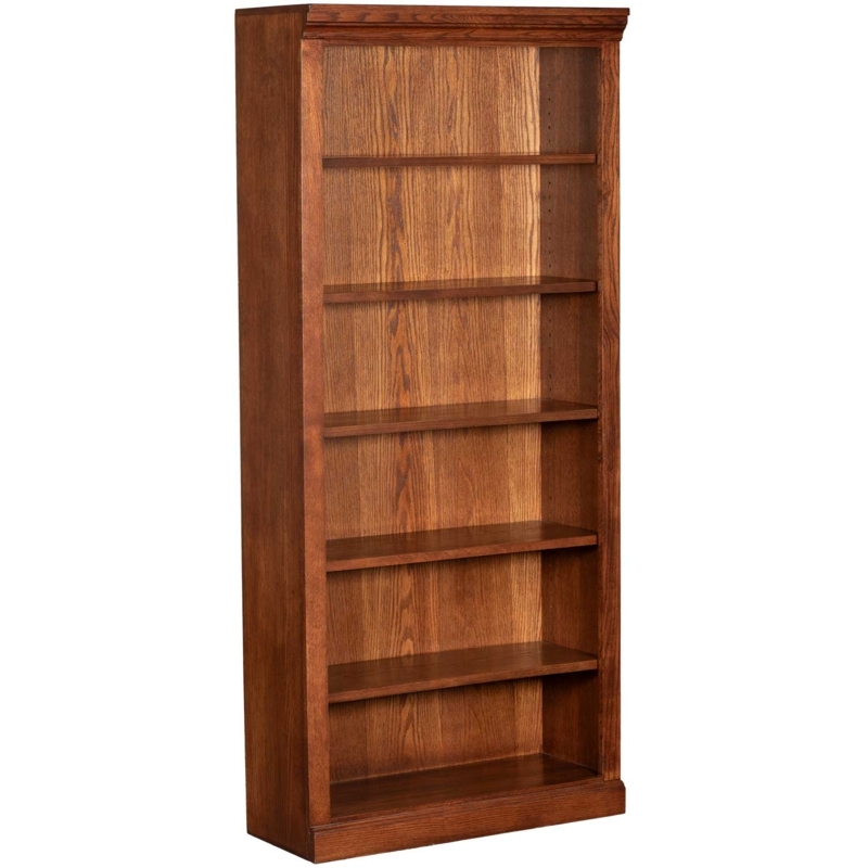 Bookcase Traditional Oak Tone Recessed Panels Crown Molding