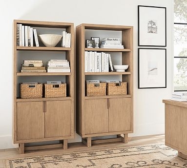 Bookcase, Transitional Wood Finish, Lower Cabinet Doors, Open Display
