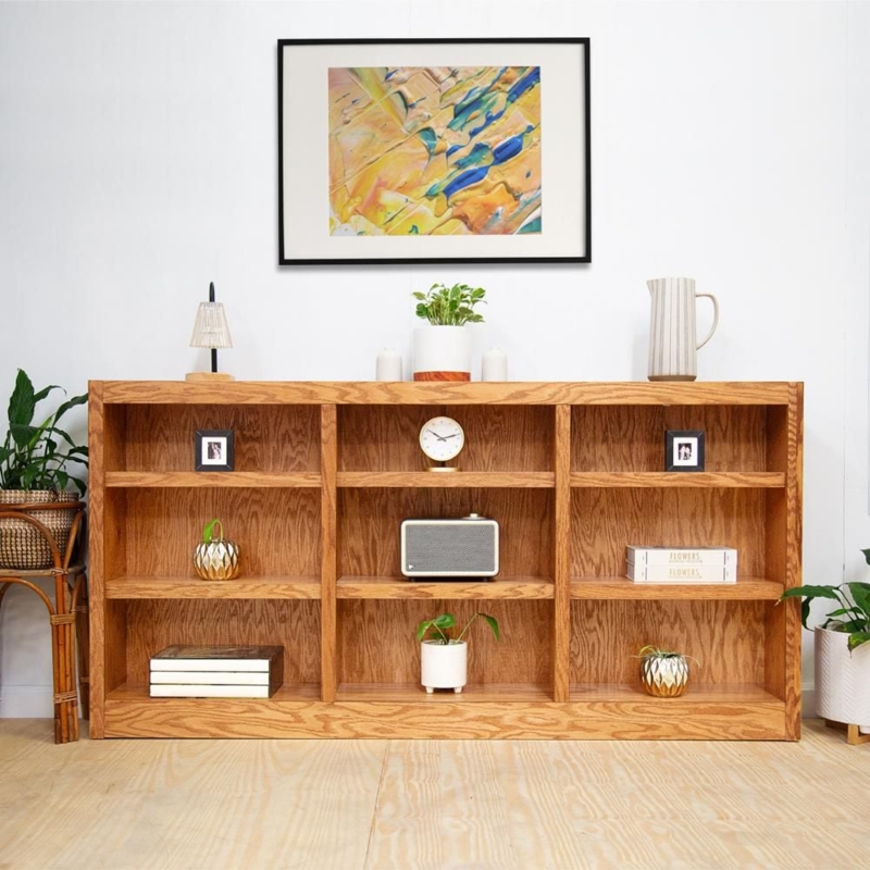 Bookcase Triple Column Low Horizontal Silhouette Oak Finish Wide