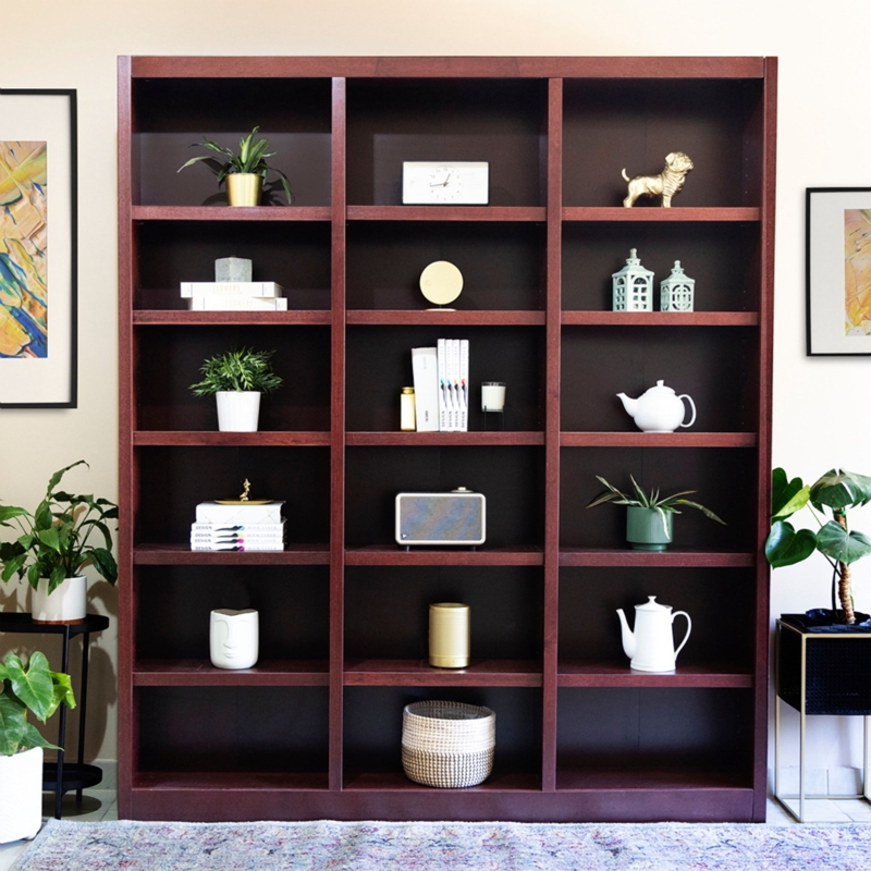 Bookcase Triple Wide Cherry Finish Crown Molding Stately Design