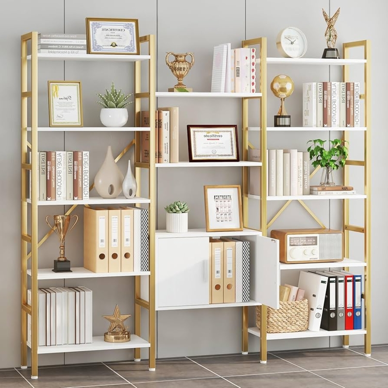 Bookcase Triple Wide Integrated Cabinets Glam Home Office Storage