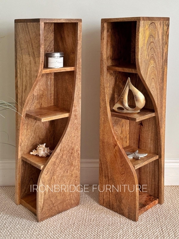 Bookcase Twisted Design Spiral Silhouette Narrow Wood Sculptural