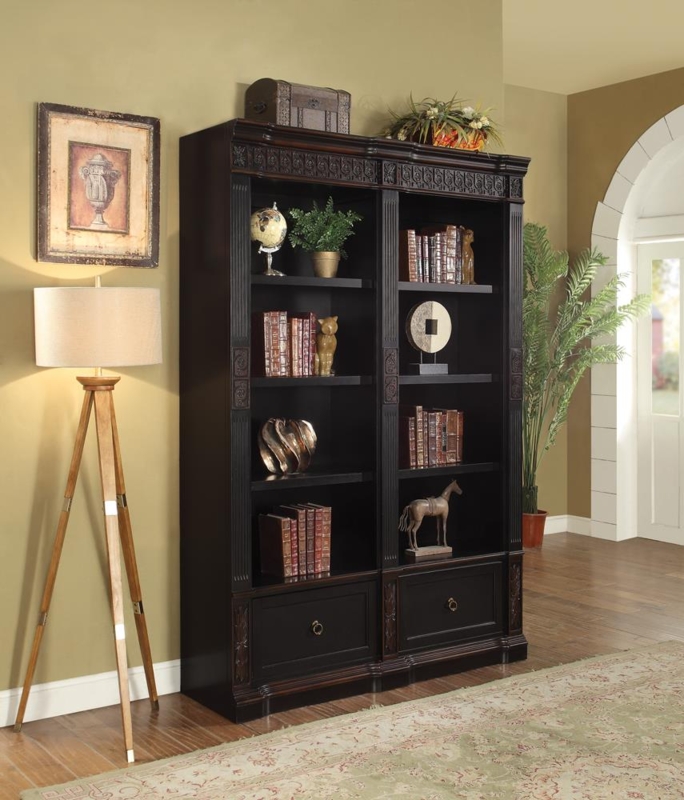 Bookcase Two Tone Finish Crown Molding Tiered Base Traditional