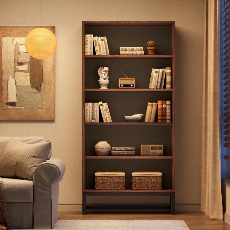 Bookcase Two Tone Finish Tall Five Tier Vertical Shelving