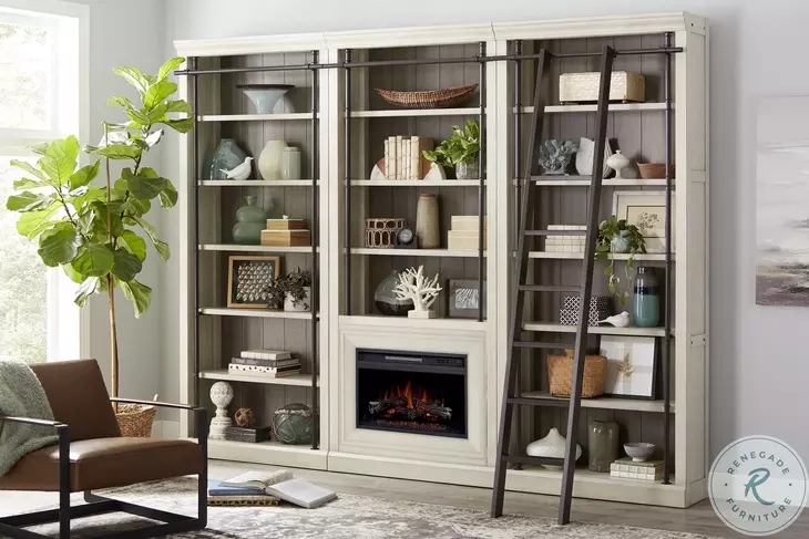Bookcase Wall Integrated Fireplace Library Ladder Traditional Style