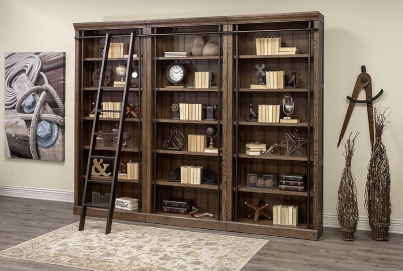 Bookcase Wall to Wall Design Rolling Ladder Brown Wood Transitional