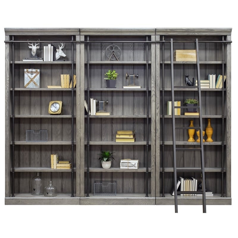 Bookcase Wall Unit with Sliding Ladder Weathered Gray Finish