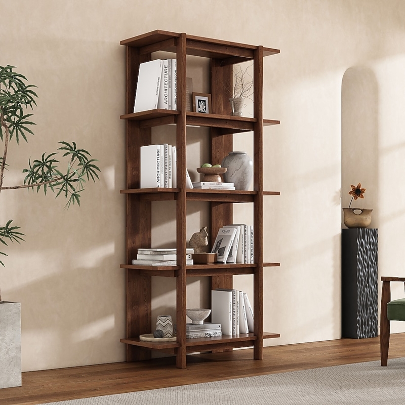 Bookcase Walnut Finish X Frame Back Tapered Legs Mid Century