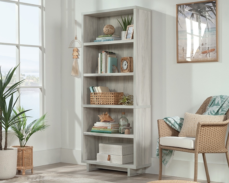 Bookcase Weathered Haze Acacia Enclosed Back Decorative Molding Transitional