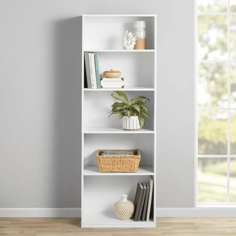 Bookcase White 5-Tier Adjustable Shelves Minimalist Storage Solution