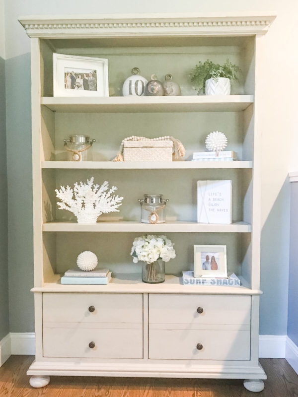 Bookcase White Coral Accents Seagrass Baskets Beach House Decor