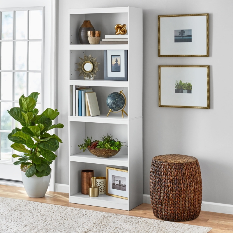 Bookcase White Framed Side Panels Adjustable Shelves Five-Tiers