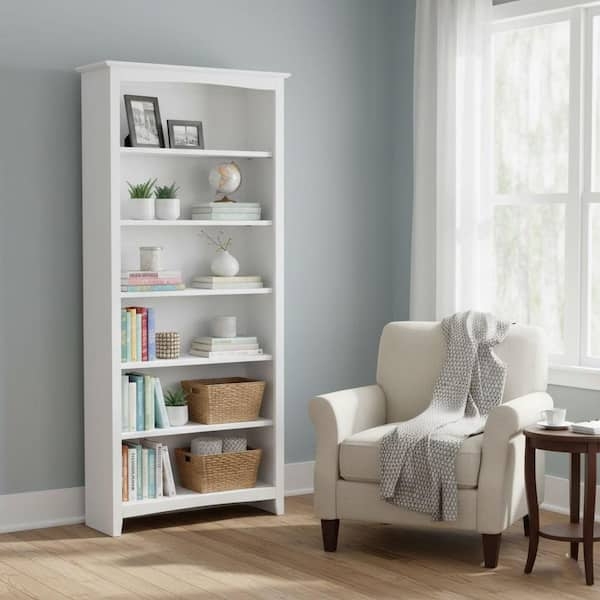 Bookcase White Shaker Style Crown Molding 6-Tier Adjustable