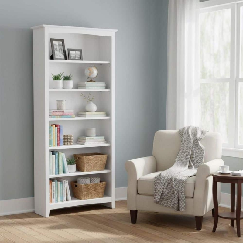 Bookcase White Six Tiers Adjustable Shelves Traditional Wood Toned