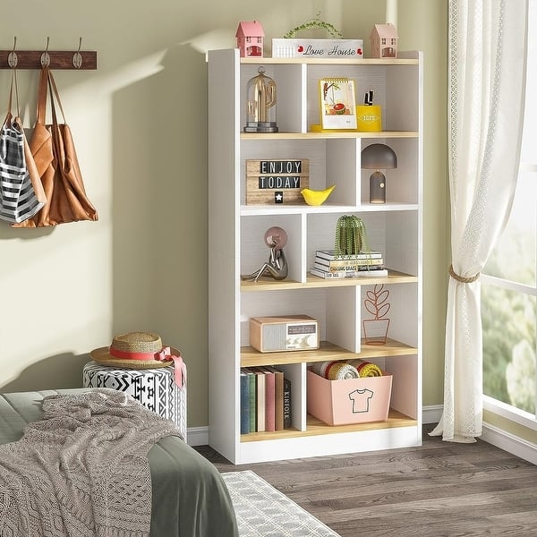 Bookcase White Staggered Cube Shelving 72 Inch Tall 6 Tier