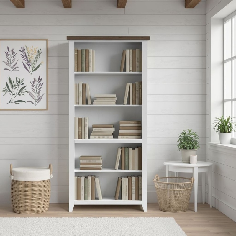 Bookcase White X-Side Braces Beaded Backing Modern Farmhouse Coastal