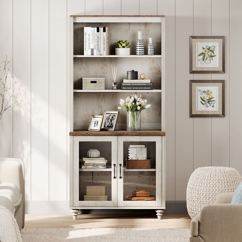 Bookcase Whitewashed Farmhouse Mullion Glass Doors Storage Drawers