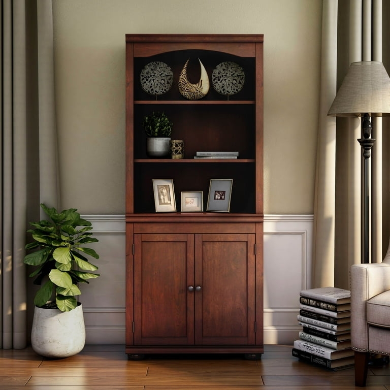 Bookcase With Doors Double Cabinet Recessed Panels Espresso Wood Finish