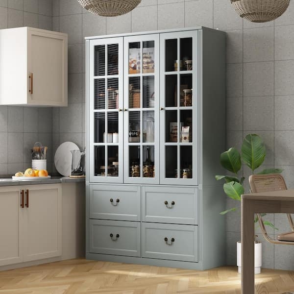 Bookcase with Glass Doors Grey Storage Drawers Gold Hardware