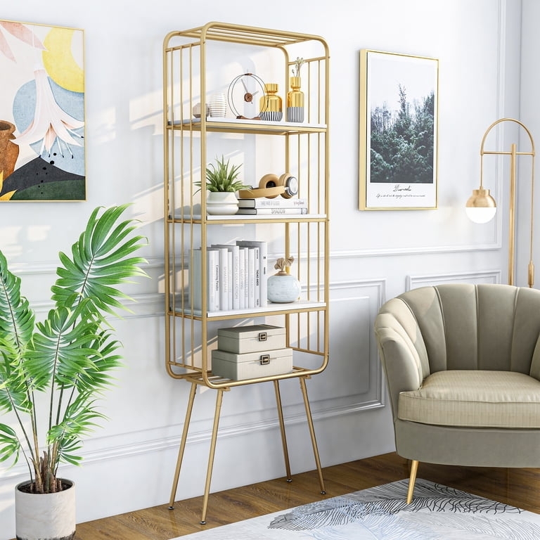Bookcase with Glass Shelves and Gold Metal Frame
