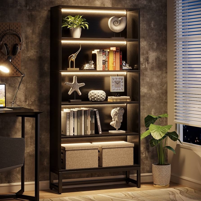 Bookcase with Integrated LED Lighting, Tall Open Back Industrial Shelving