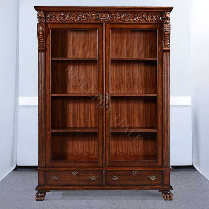 Bookcase with Lion Head Carvings, Regency Style Fretwork Door Bookcase