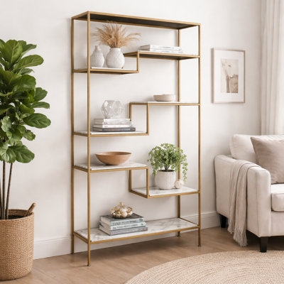 Bookcase with Marble Pattern Shelves and Gold Frame