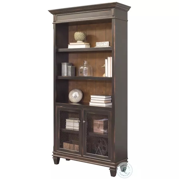 Bookcase with Sliding Library Ladder and Distressed Black Finish