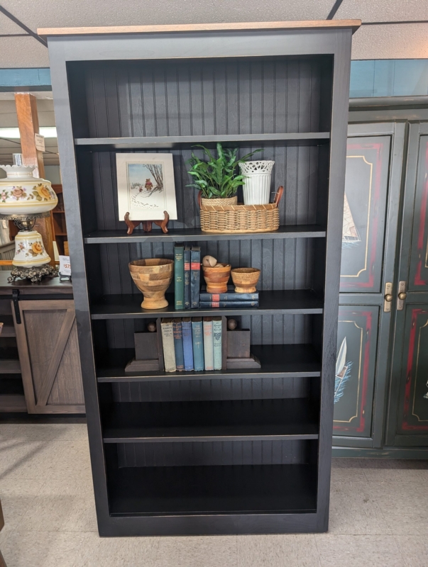 Bookcase with Two-Tone Finish, Matte Black Frame and Walnut Shelves