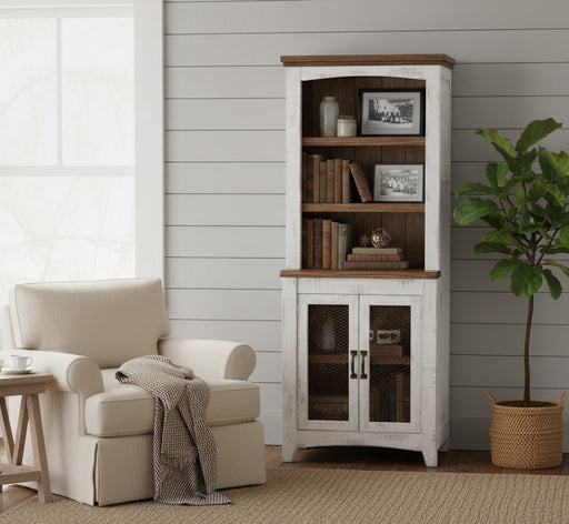 Bookcase with Wire Mesh Panels and Distressed White Finish