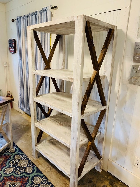 Bookcase X-Frame Sides with Distressed White Finish and Plank Shelves
