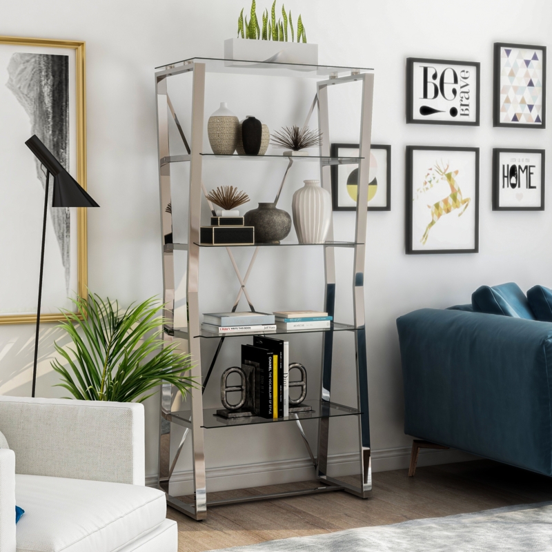 Bookcase X-Frame with Glass Shelves and Chrome Finish