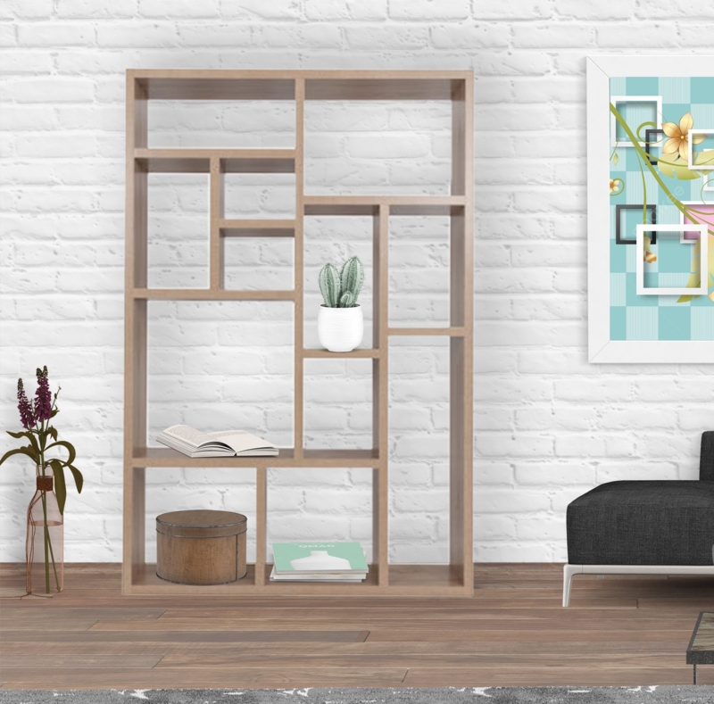 Bookshelf Asymmetrical Design Staggered Shelves Light Wood Freestanding