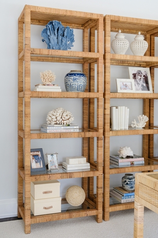 Bookshelf Blue and White Ginger Jar Accents Coastal Hamptons Vibe