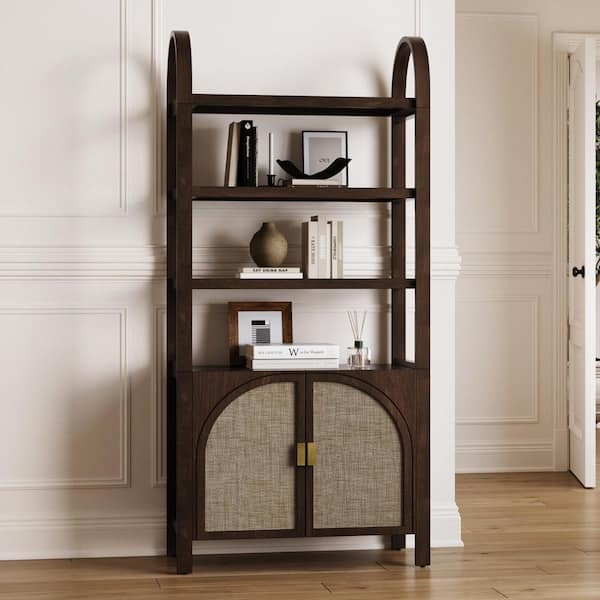 Bookshelf Dark Wood Rattan Cabinet Door Tapered Legs Boho Style