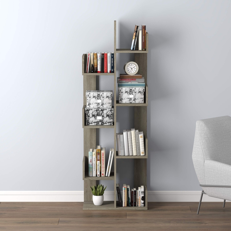 Bookshelf, Geometric Silhouette, Staggered Shelves, Modern.