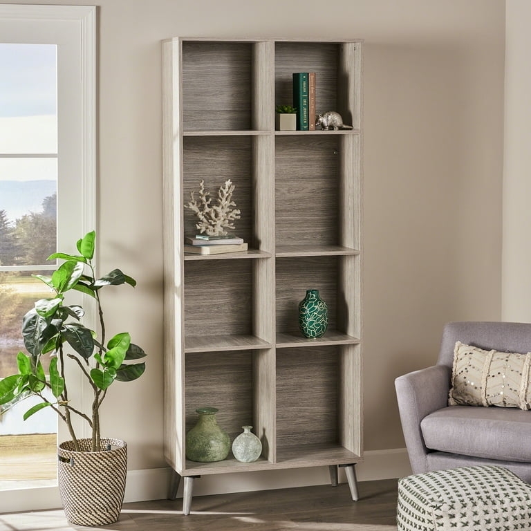 Bookshelf Grey Oak Finish Asymmetrical Storage Black Metal Base Industrial