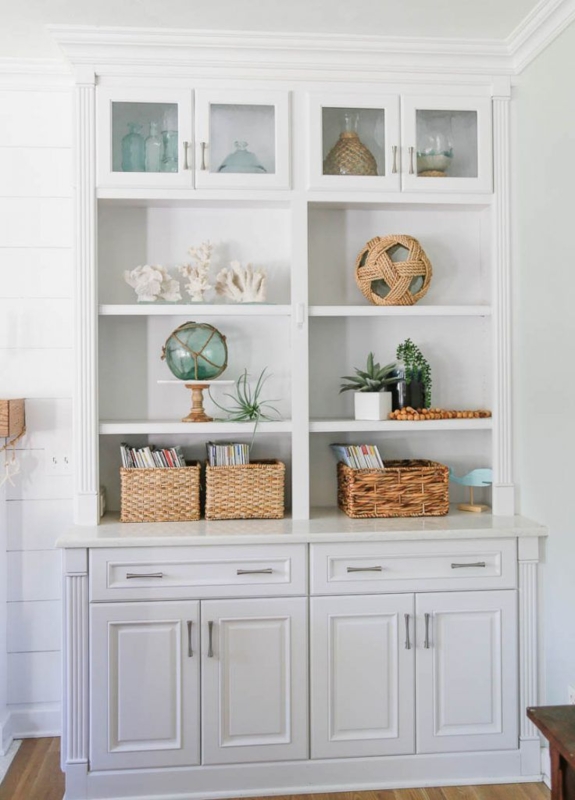 Bookshelf Horizontal Plank Back White Frame Coastal Ginger Jar Decor