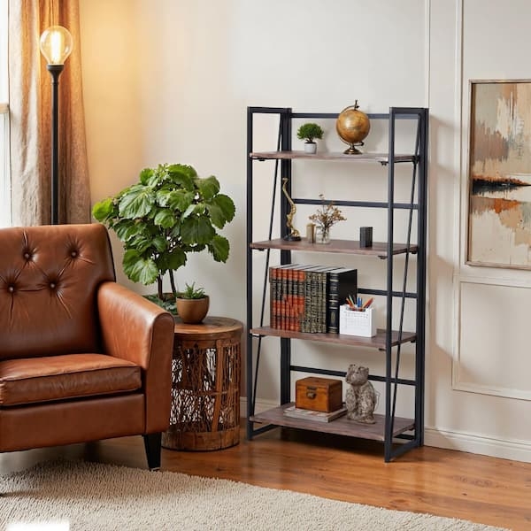 Bookshelf Industrial Metal Frame X-Back Brace Rustic Brown Modern