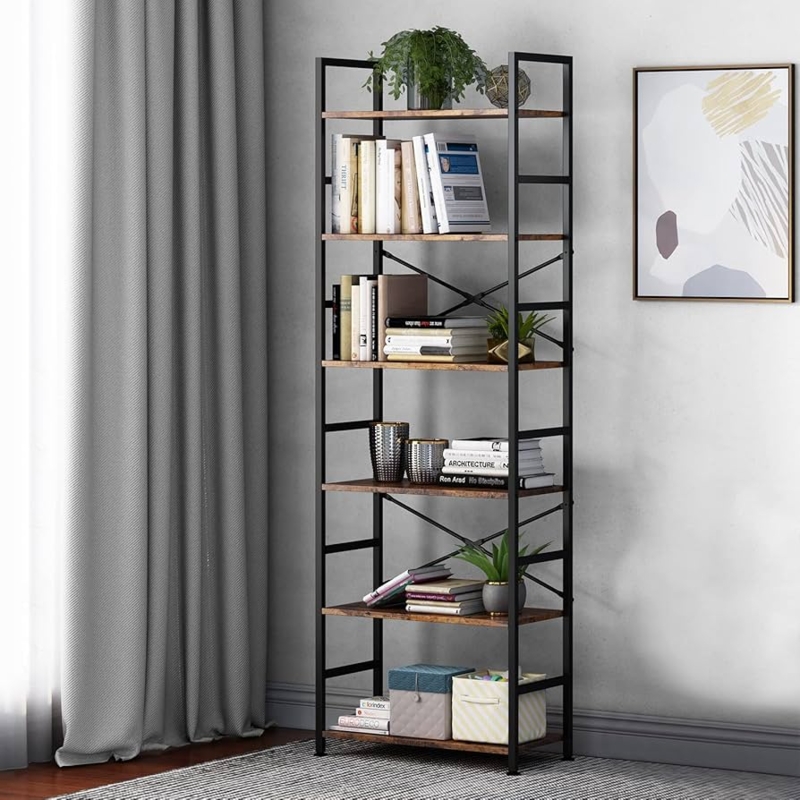 Bookshelf, Industrial Style, Six Tier, Rustic Wood & Black Metal X-Brace