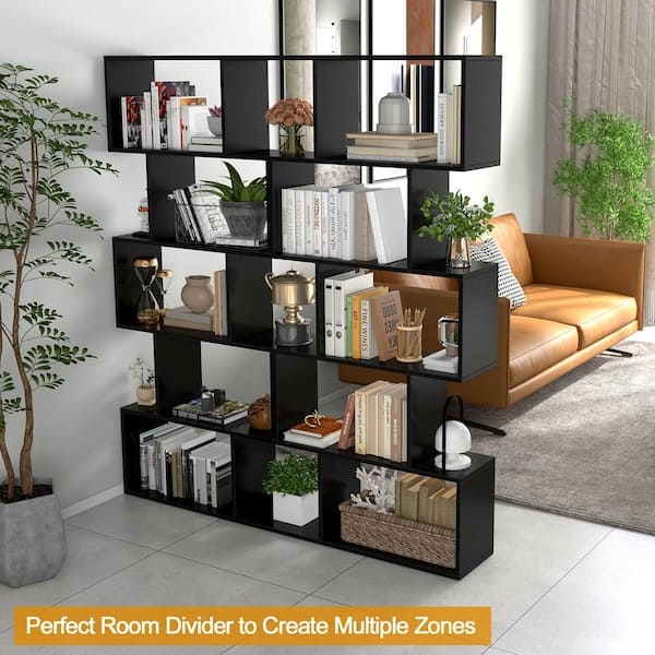 Bookshelf Matte Black S-Shaped Silhouette Geometric Design Five Tier
