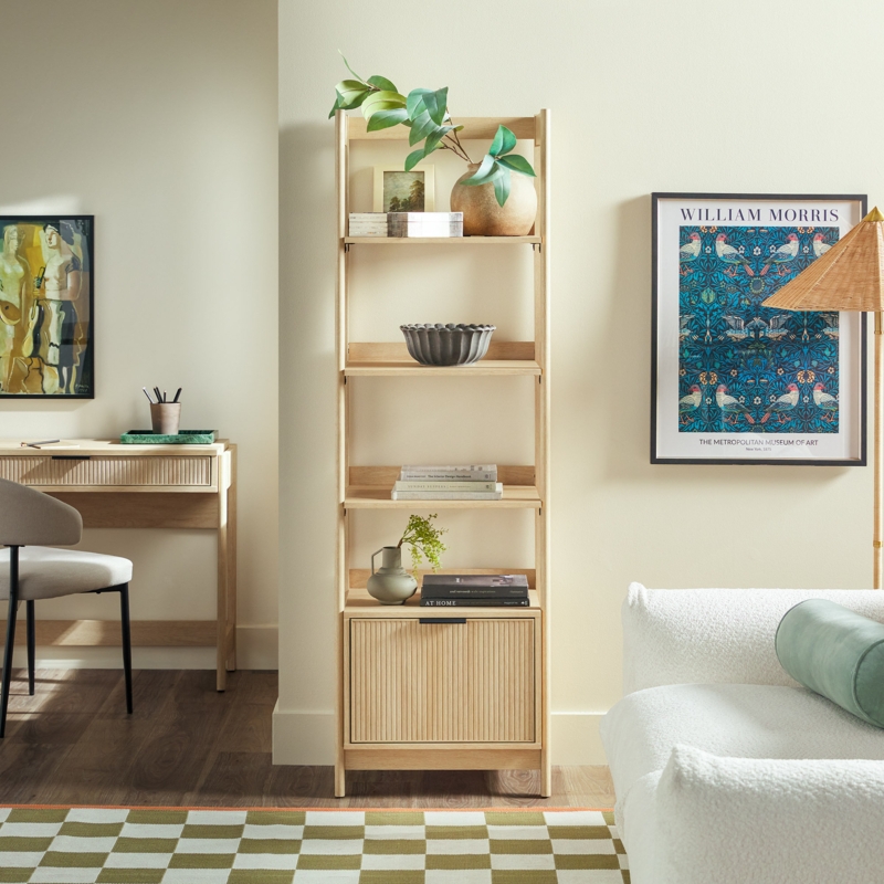 Bookshelf Narrow Footprint Integrated Base Drawer Coastal Oak