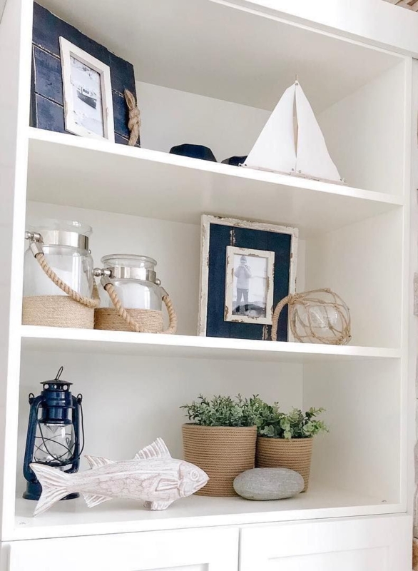 Bookshelf Nautical Rope Accents Built-In Cabinetry Coastal Home Office