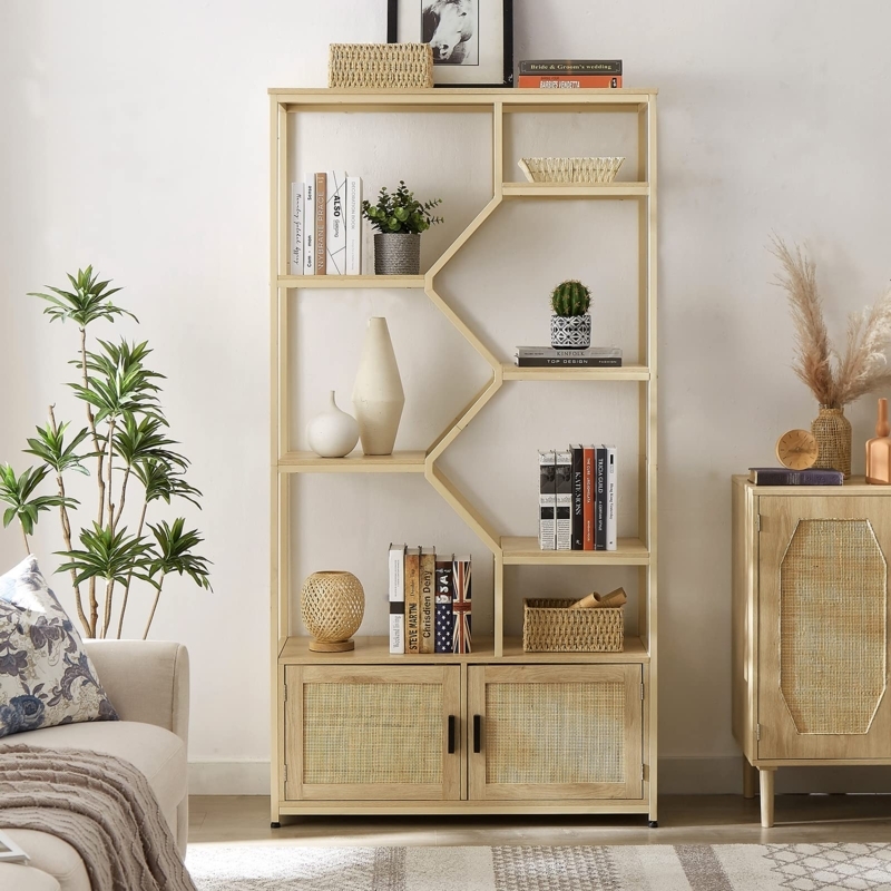 Bookshelf Rattan Cabinet Doors Boho Arched Natural Wood Etagere