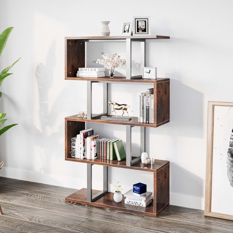 Bookshelf S-Shaped Geometric Silhouette Industrial Retro Brown Finish