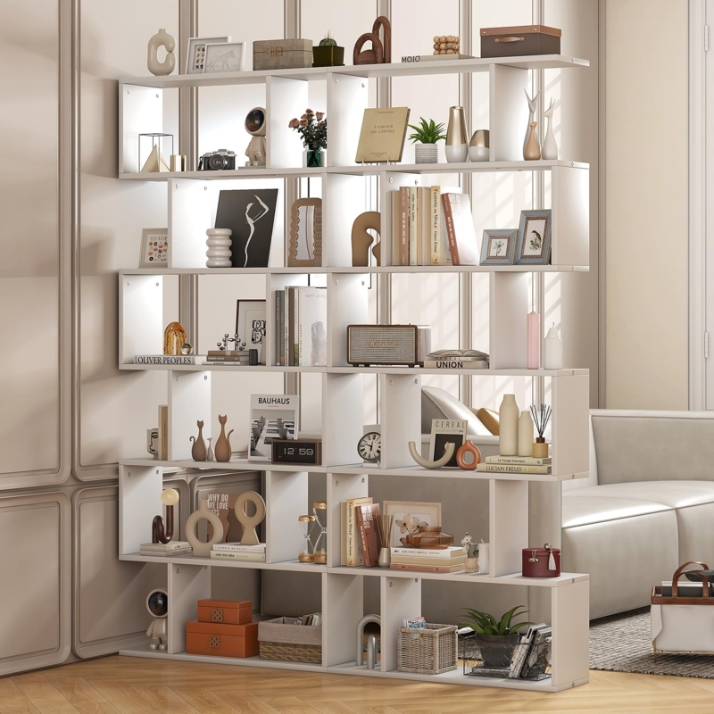 Bookshelf S-Shaped Silhouette White Geometric 6-Tier Design